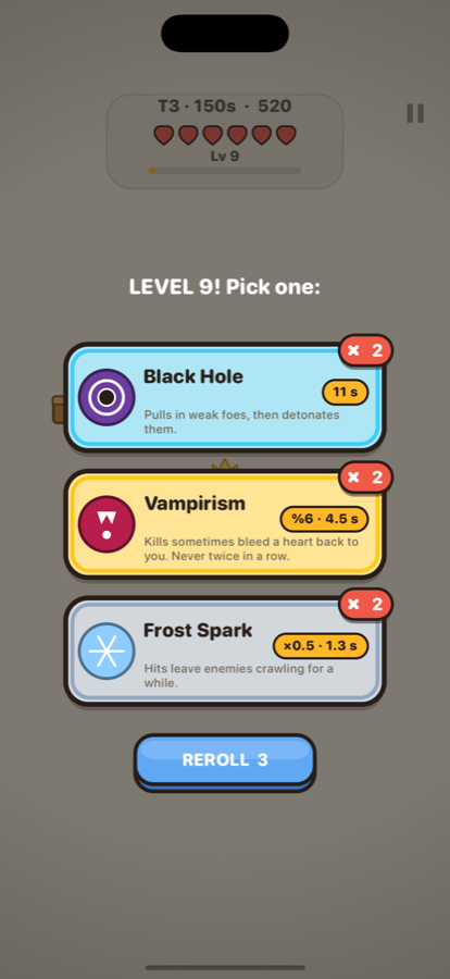 Card selection screen — three upgrades to choose from