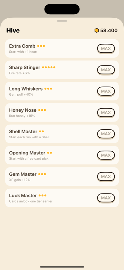 The Hive — permanent upgrades bought with honey